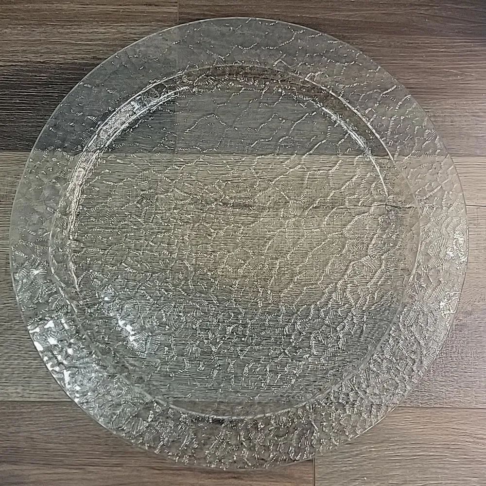 Vintage MCM Crackled Ice Glass Serving Platter With Molded Handles